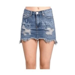 Signature8 High Rise Jean Skirt Blue Medium Wash Distressed Denim Raw Hem S